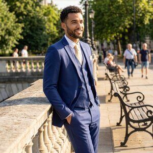 New 2026 Mens 3pc Blue Suit Set, Hybrid Fit